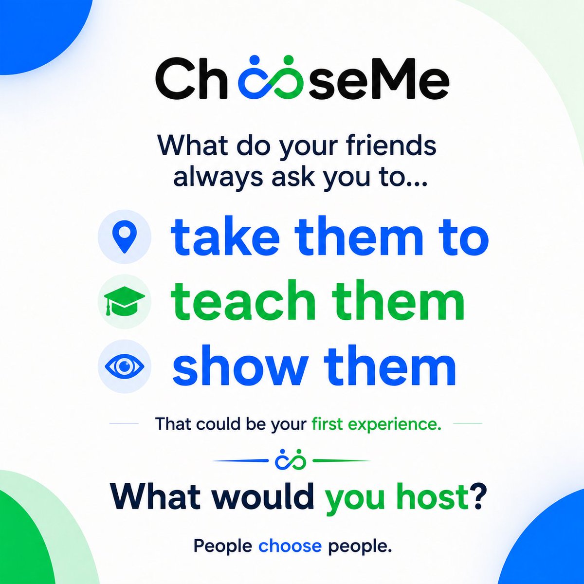 ChooseMeApp's tweet photo. Sometimes the best ideas are already part of your everyday life.

If people ask you where to go, how to do something, or what to try next, you may already have something worth hosting.

#ChooseMe #ShareYourWorld #HostWhatYouLove #LocalDiscovery #CommunityExperiences https://t.co/tchuR8lcy7