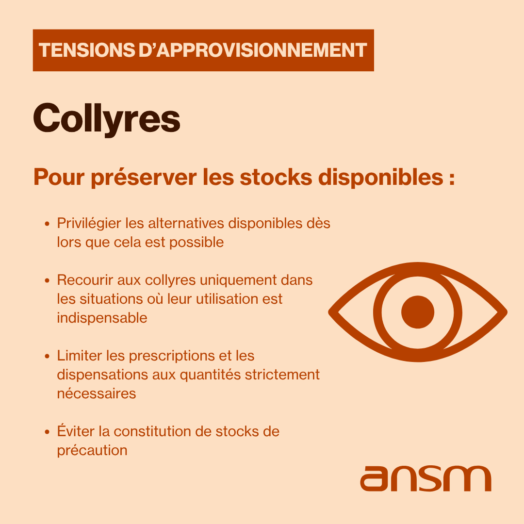 ansm's tweet photo. Collyres : nous avons pris des mesures pour limiter l’impact des tensions, notamment des importations ➡️Pour préserver les stocks, nous invitons les pros de santé à adapter les prescriptions et dispensations lorsque cela est possible 🔗https://t.co/HNL4gGGVMN https://t.co/uYpRA51eRu