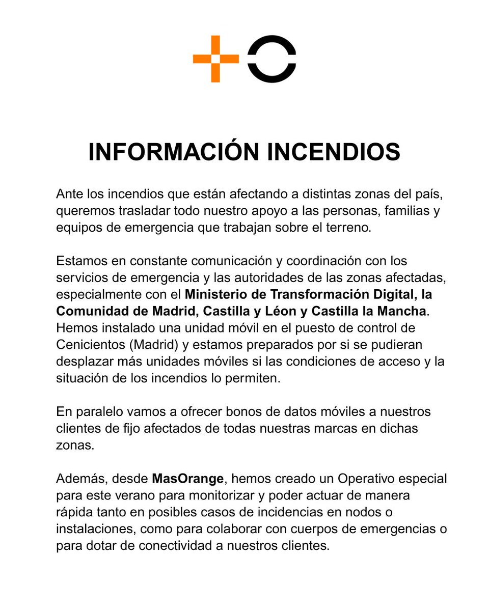 MASORANGE_ES's tweet photo. Nota informativa Incendios https://t.co/H2D6ybSnll