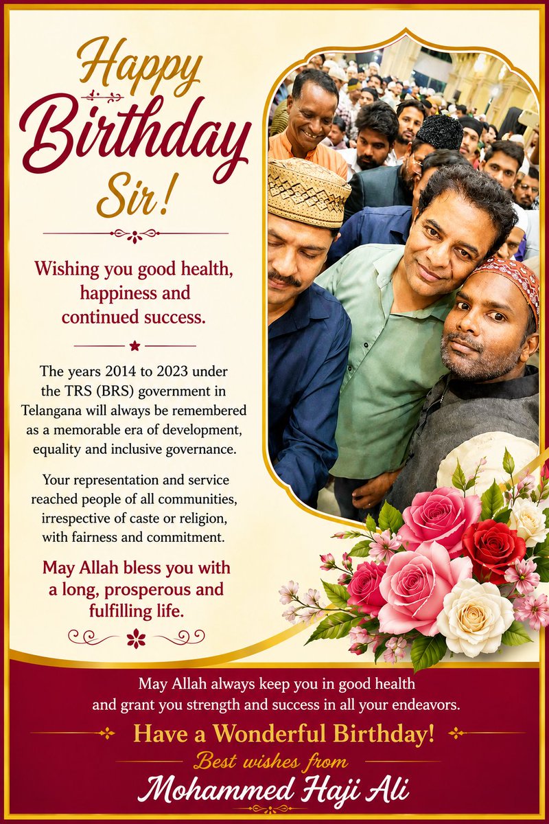 MuhammedHajiAli's tweet photo. Happy Birthday, @KTRBRS Sir!
Wishing you good health, happiness, &amp;continued success. Your dedication to public service and commitment to serving all people equally is truly appreciated. May Allah bless you with a long, prosperous, and fulfilling life. Have a wonderful birthday! https://t.co/CEAT2Ql1Bd