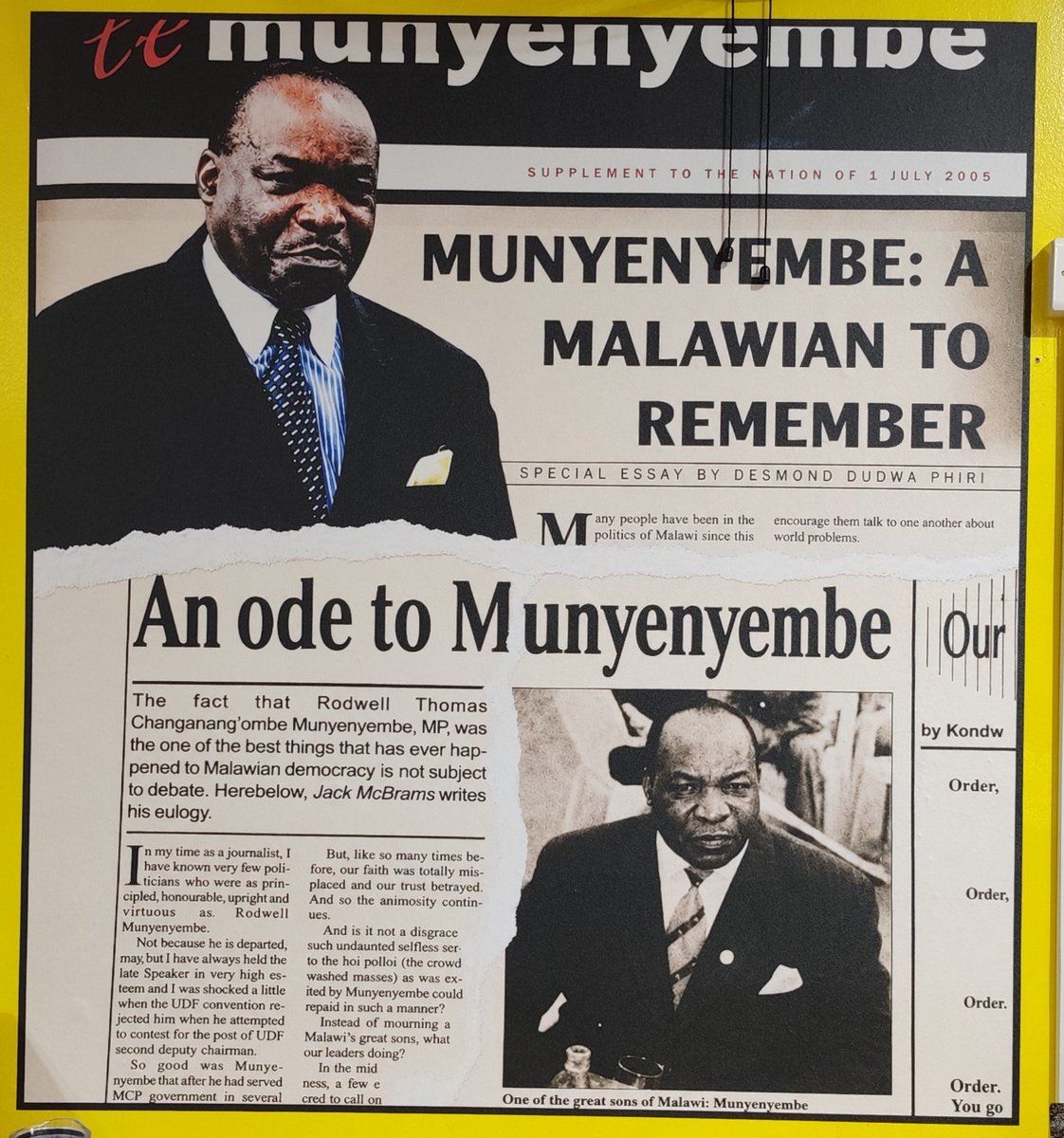 mcbrams's tweet photo. 21 years ago, I wrote an obituary for @NationMalawi following the passing of Speaker of Parliament Roswell Munyenyembe, who died in the line of duty. Today, I walked into the @genesismediamw offices in downtown Lilongwe and found that very story framed and hanging on the wall. https://t.co/zu6lLrMOTC