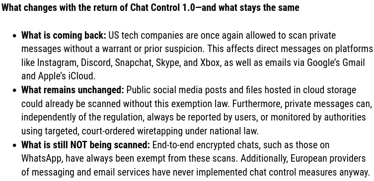 echo_pbreyer's tweet photo. 🇪🇺#ChatControl 1.0 is back: EU governments (except for 🇭🇺+🇧🇪) have extended the suspicionless scanning of private messages by US services until 2028 – bypassing the EU Parliament.

What changes now and what happens next: https://t.co/ZiVPDSH1Ji https://t.co/7jLPYW5sMz