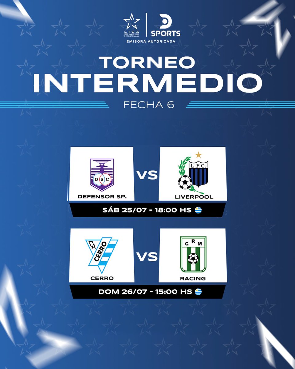 DSportsUY's tweet photo. ¡NO TE PIERDAS LA #LigaUruguayaEnDSPORTS! 🏆🇺🇾

▶️ Cuatro partidos encenderán este viernes, sábado y domingo por la fecha 6 del Torneo Intermedio. 

Disponible en los canales 301 y 302. https://t.co/04hNUn2tuB