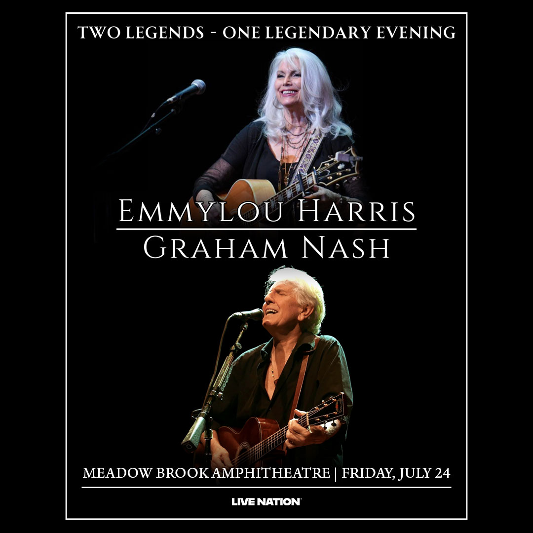 MeadowBrookAmp's tweet photo. We're excited to welcome Emmylou Harris &amp; Graham Nash to @MeadowBrookAmp 🤩 

🚘 Parking - 4:00PM
🚪 Doors - 6:30PM
🎶 Music - 7:30PM
🤝 @CUofOU https://t.co/OKmTVsrLw3