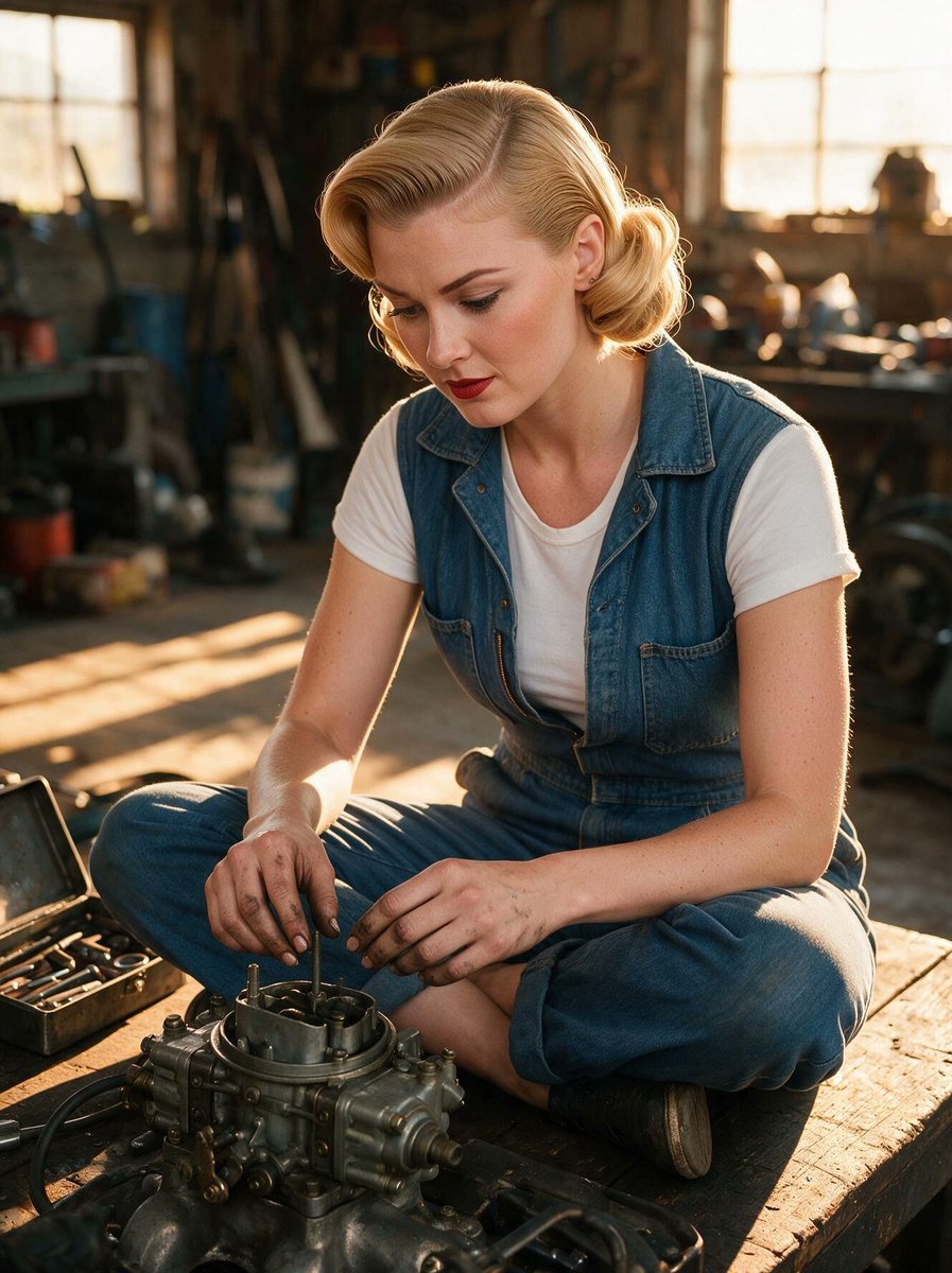 AIPinupArtist's tweet photo. Florence (Scarlet) is equally at home in front of a carburetor as she is in front of a microphone #scarletskyline #pinup https://t.co/kAKTFpo4aJ