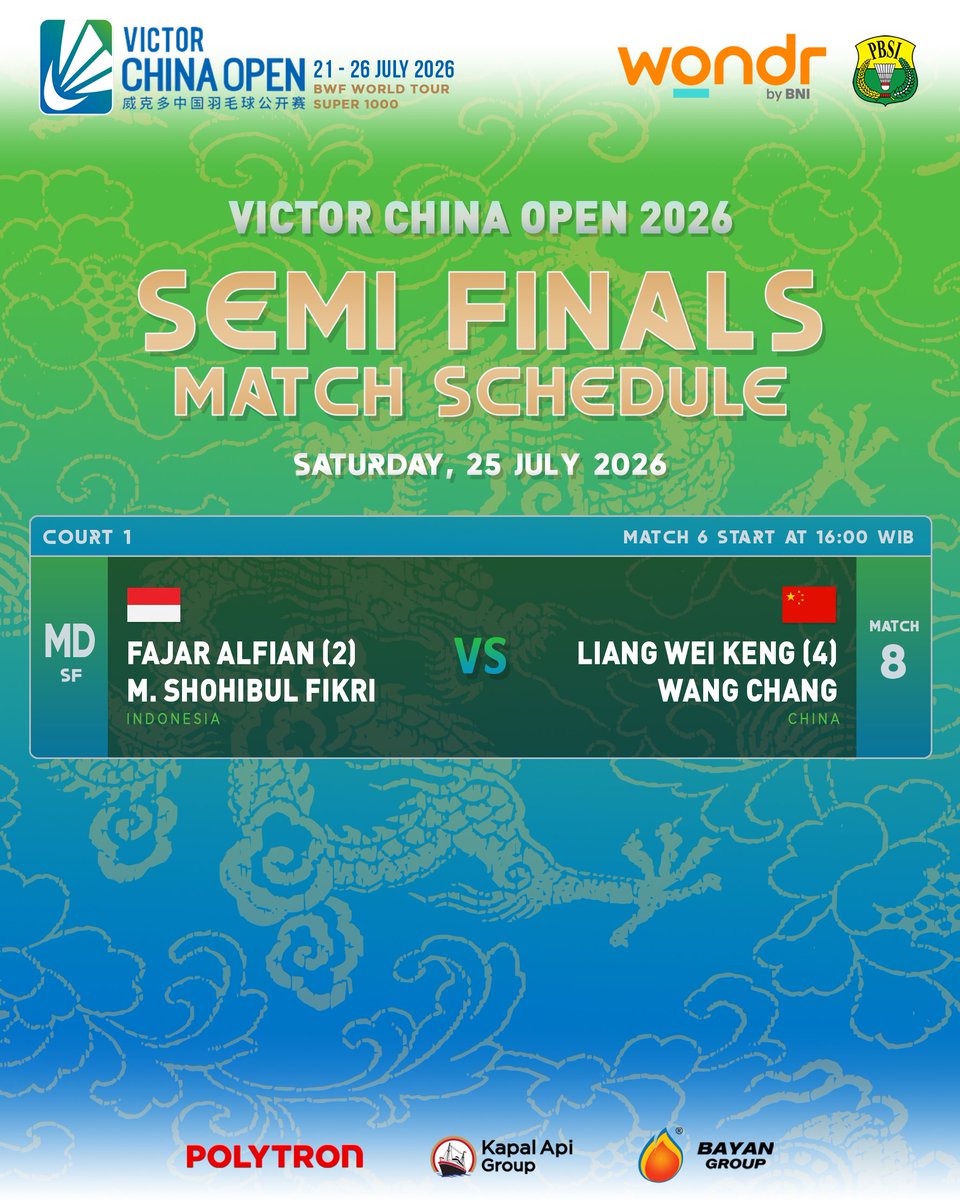 INABadminton's tweet photo. Pasangan tuan rumah Liang Wei Keng/Wang Chang akan menjadi lawan Fajar/Fikri di babak semifinal China Open 2026.

Catat jadwalnya dan berikan doa serta dukungan untuk Fajar/Fikri. Semangat! BISA!!!

#BadmintonIndonesia #ChinaOpen2026 https://t.co/67ZRfYNrdR