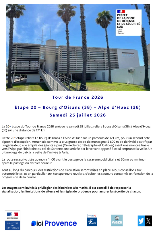cezocsud's tweet photo. Communiqué CRZ Sud - Étape 19 du samedi 25 juillet 2026 du TDF 2026 - Bourg d'Oisans - Alpe d'Huez (38). https://t.co/zWEmPmcWyC