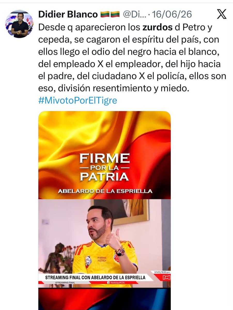 AnaErazoR's tweet photo. Le entregaron la @UNPColombia a un bodeguero de derecha radical y los medios de comunicación no dicen ABSOLUTAMENTE NADA.

La entidad encargada de proteger la vida de personas y comunidades en riesgo quedó en manos de una persona nombrada por @ABDELAESPRIELLA cuyo principal reconocimiento público ha sido su papel como “creador” de contenido digital y propagandista durante la campaña de De la Espriella.

Sí, en Colombia acaban de poner al frente de una de las entidades más sensibles del Estado a alguien cuyo único mérito, ha sido hacer activismo digital a favor de su jefe político. Y la naturalidad con la que buena parte de los medios ha asumido este nombramiento resulta profundamente preocupante.

Si esto lo hubiera hecho @petrogustavo, hoy habría una conmoción nacional. Pero parece que el nuevo Gobierno puede tomar decisiones de esta magnitud, con enormes implicaciones para la protección de dirigentes políticos, periodistas, líderes sociales, comunales y defensores de derechos humanos, sin que ocurra absolutamente nada.

Cada nombramiento de @ABDELAESPRIELLA parece superar al anterior.