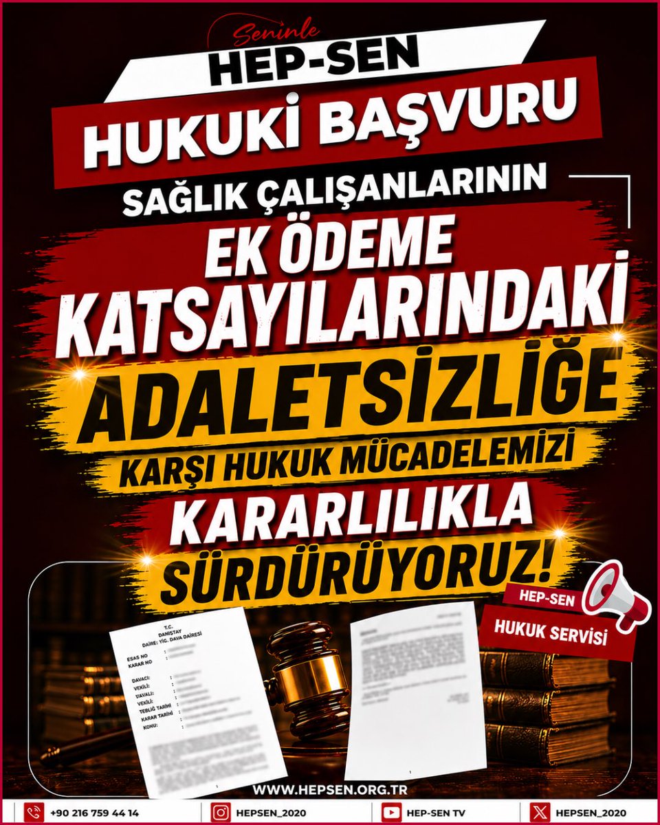 hepsen_2020's tweet photo. SAĞLIK ÇALIŞANLARININ EK ÖDEME KATSAYILARINDAKİ ADALETSİZLİĞE KARŞI HUKUK MÜCADELEMİZİ KARARLILIKLA SÜRDÜYORUZ!

Ek ödeme sisteminde unvanlara göre belirlenen taban ve teşvik katsayılarının hangi objektif kriterlere göre belirlendiği hâlâ açıklanmış değildir.

Hukuki dayanağı ve gerekçesi ortaya konulmayan bu katsayıların sağlık çalışanları arasında oluşturduğu adaletsizliğe karşı açtığımız davaları yakından takip ediyoruz.

Adil ücret, şeffaf yönetim ve eşitlik ilkesinden vazgeçmeyeceğiz.

HEP-SEN

Türkiye’nin En Genç ve Dinamik Yeni Nesil Sağlık Sendikası @hepsen_2020

 🌐 https://t.co/5De2NnFS9S
 ☎️ 0216 759 44 14
 🎥 Medya Ağımız:
 👉 https://t.co/ApGyCSurPg

@tcbestepe @RTErdogan @drmemisoglu 
@saglikbakanligi @sagliklicozum @csgbakanligi @HMBakanligi 

#Hepsenmevzuat #Hepsenhukuk  #SağlıkBakanlığı #SağlıkÇalışanları #EkÖdeme #TabanEkÖdeme #TeşvikEkÖdeme #SağlıkEmekçileri #NedenHepsen #Hepsen2026
