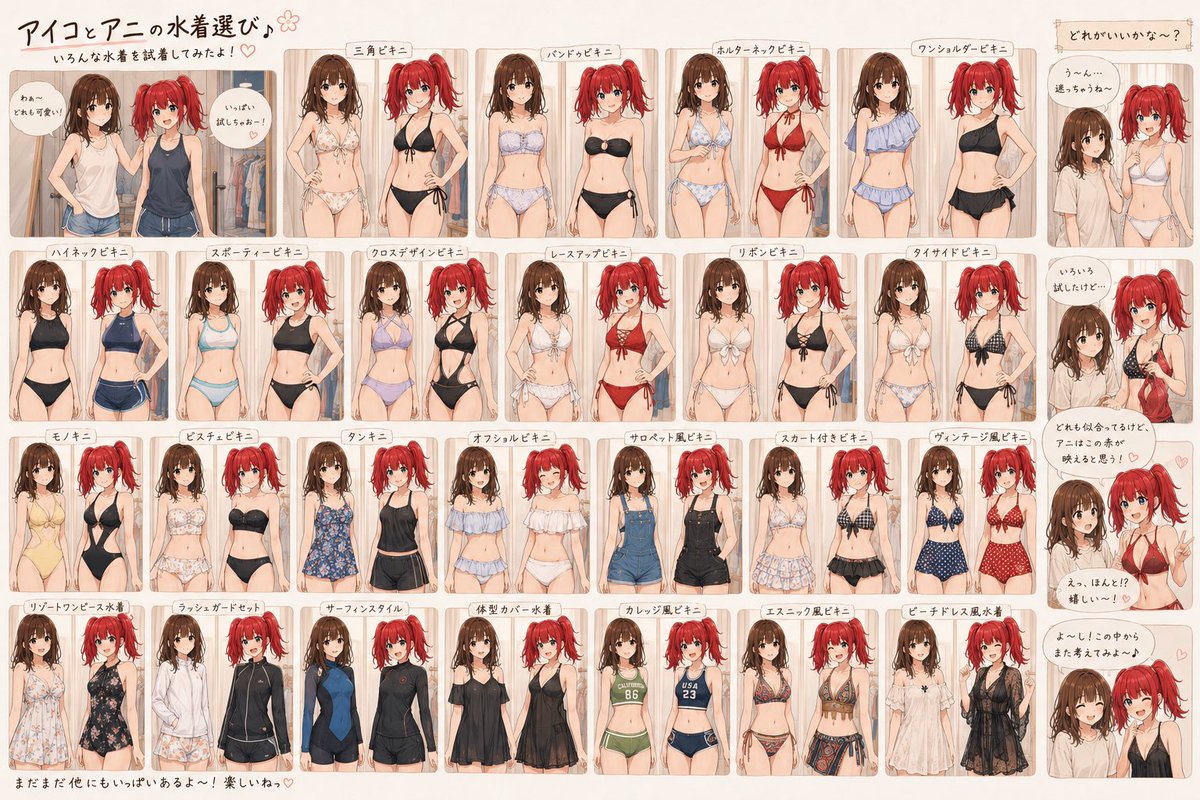 katsu4ani's tweet photo. アイコとアニの水着選びセッションのためにChatGPTにイラストを作ってもらったのだが、またしてもGrokに添付することが出来ず…😅 https://t.co/fmm09YqDWk