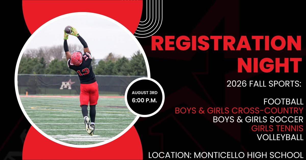 MonticelloMagic's tweet photo. MARK YOUR CALENDARS!

Monticello High School Registration Night is on August 3rd at 6:00 p.m.

Student-Athletes and their families will meet in the Auditorium before moving to their sport-specific rooms. This is for MS/HS students who will be participating in High School athletics only.

Middle school students who are competing in middle school-specific sports can get information on Back-to-School Day in August.

Want to register early?

The link to do so is here ----> https://t.co/wCEFsmFzRr

Go Magic!

#MontiMagic