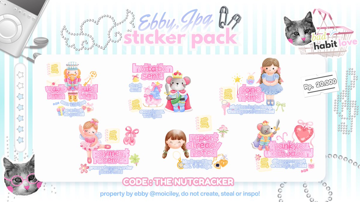 moiciley's tweet photo. help rt please?

hemlo! aku bawain 8 rs STICKER PACK BA (isi 6 sticker/pack), yang siap dibungkuzzh 👧🏻🍭 ada yang mau angkut dan bawa pulang takk? 😋👋🏻

꒰ 🍧. get png, add on 3k/sticker, ubah wm ✅
꒰ 🧃. retext wm max 1-2x24 jam
꒰ 📑. order? dm + mention after dm
 #zonauang https://t.co/CeC6LXEgYM