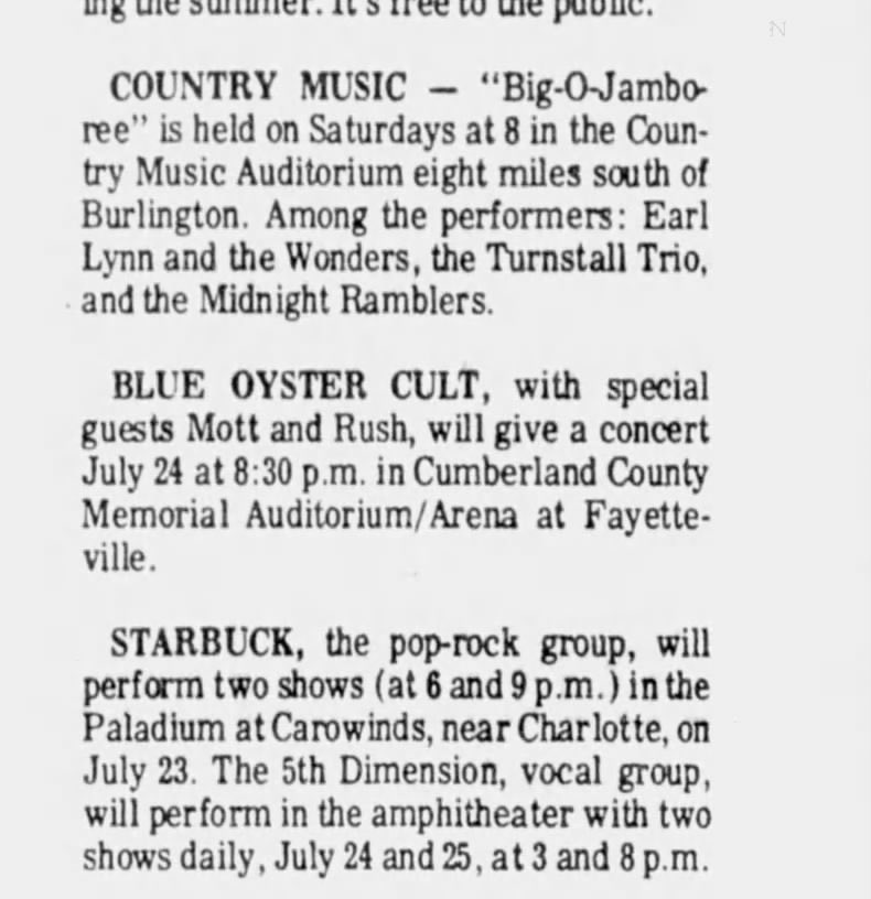 RushHistory2112's tweet photo. On July 24, 1976, Rush played with Blue Oyster Cult and Mott at the Cumberland County Memorial Arena in Fayetteville, North Carolina 🇺🇸for the 2112 tour. https://t.co/8L4XL71RLB