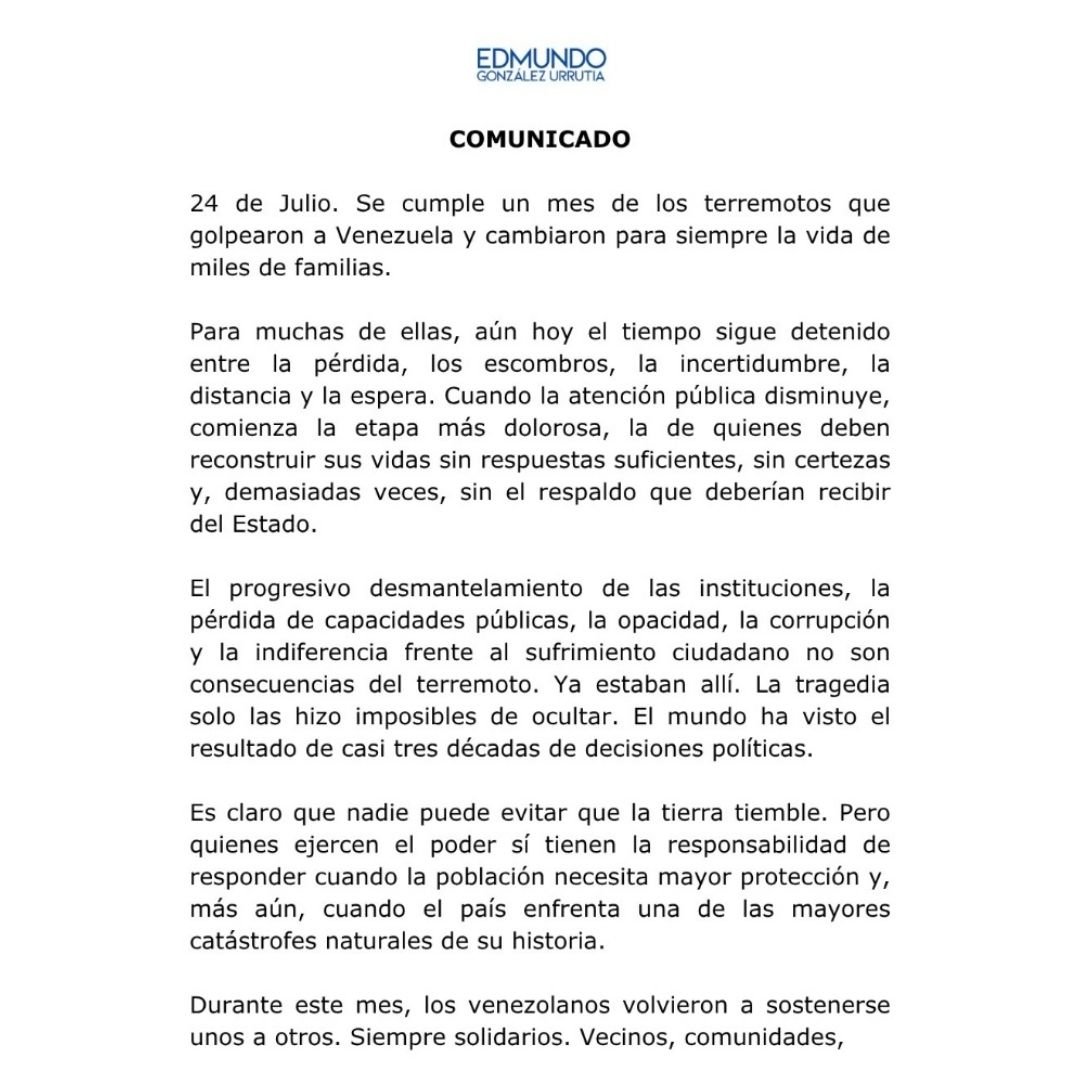 MiguelContigo's tweet photo. COMUNICADO DE EDMUNDO GONZÁLEZ A UN MES: 

"Ningún proyecto de poder puede sostenerse a expensas del dolor de un pueblo". https://t.co/MOIaSESHo6