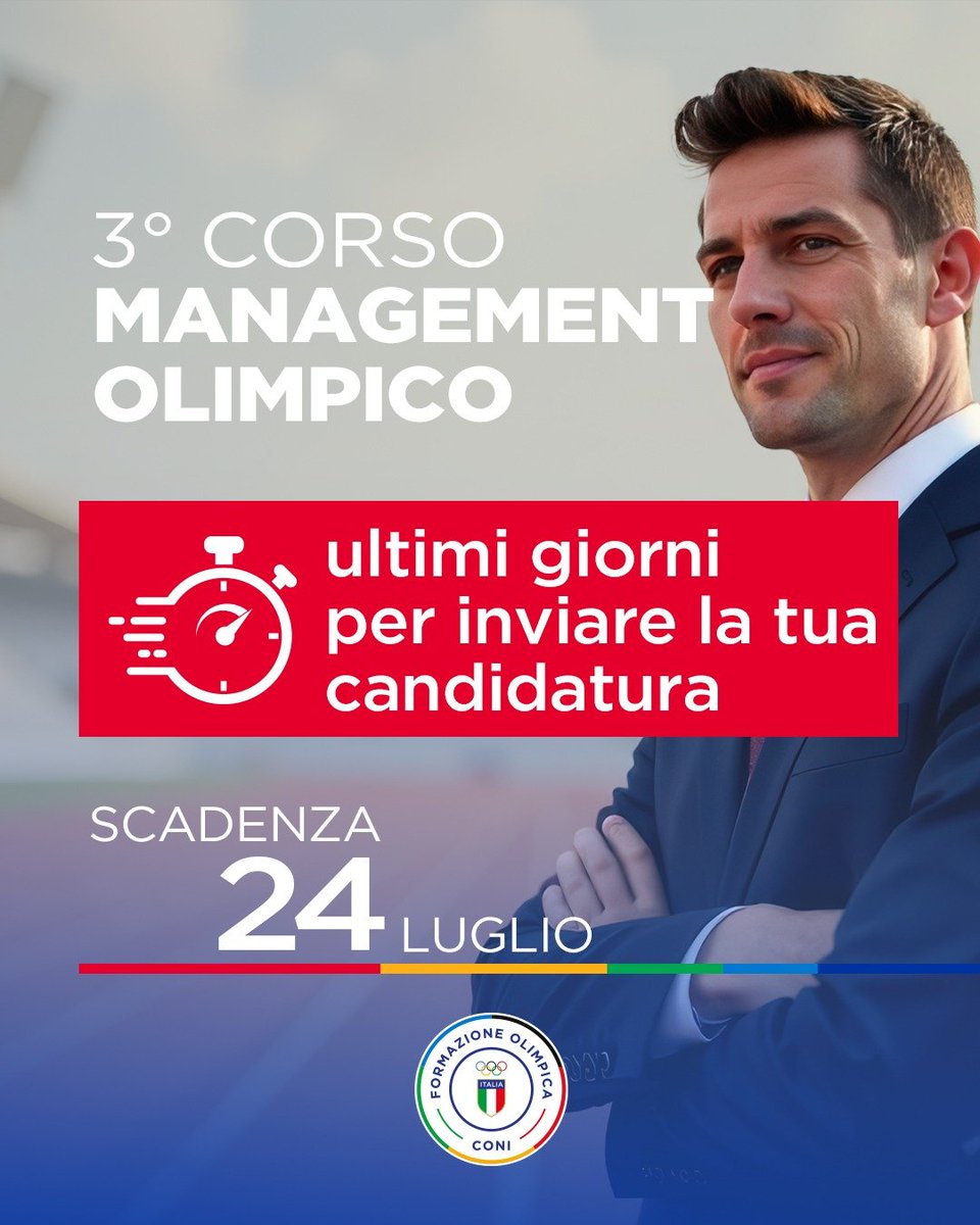 Coninews's tweet photo. Manca solo una settimana alla chiusura delle iscrizioni al terzo Corso di Management Olimpico 🎓

Invia la tua candidatura entro il 24 luglio 👉 https://t.co/0ZGNVkKdxn

#FormazioneOlimpica #ManagementOlimpico https://t.co/HeI0YtrkX9