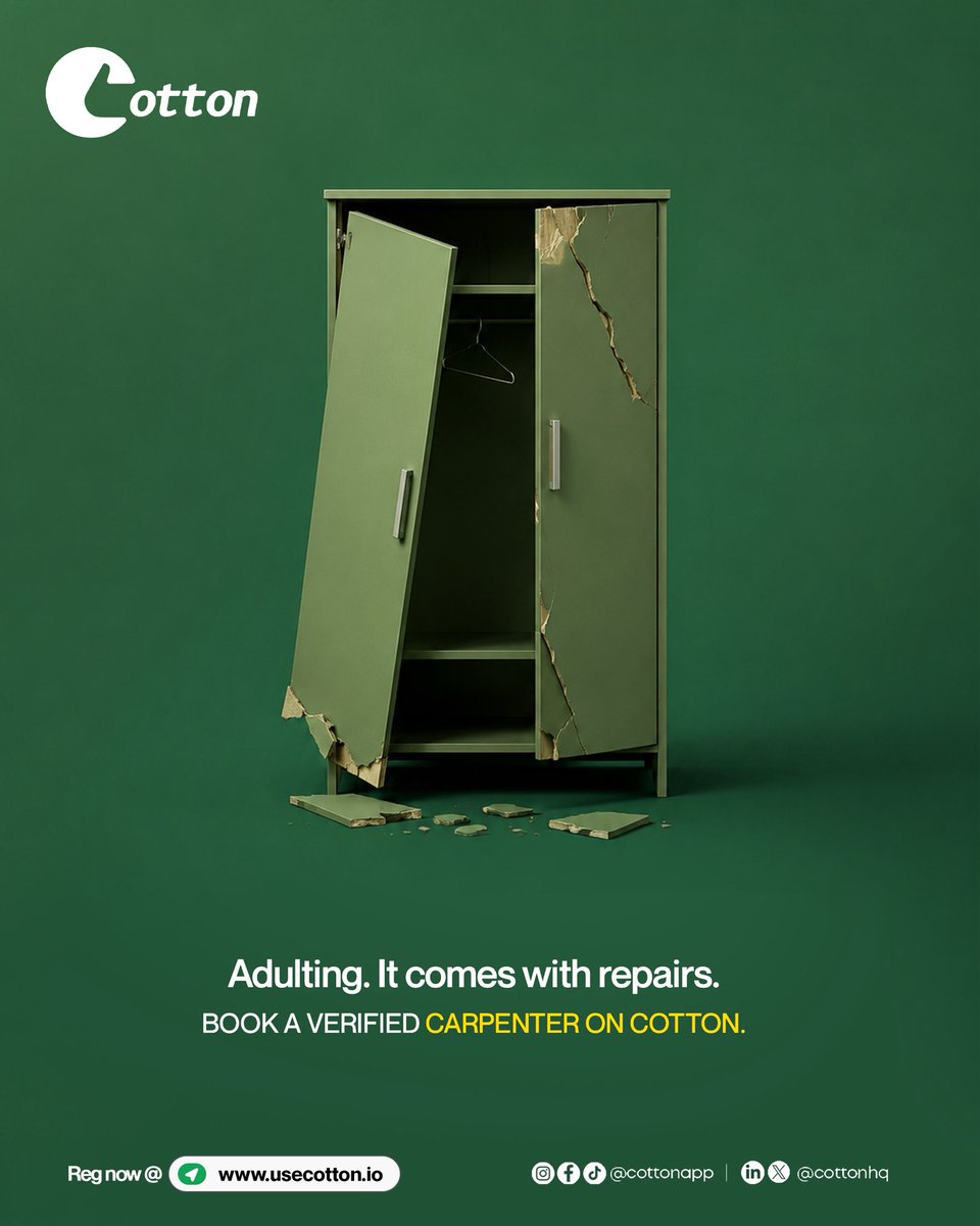 _usecotton's tweet photo. Adulting comes with repairs. Finding the right carpenter shouldnβt. Book a verified carpenter on Cotton today
#usecotton
#artisan
#skilledprofessionals https://t.co/Fqmbn3Yhmb