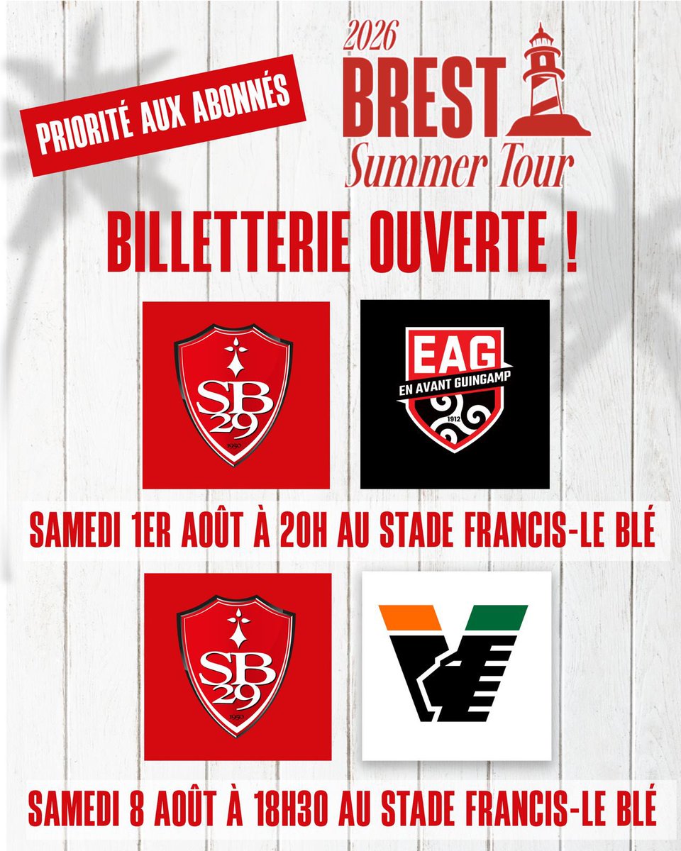 SB29's tweet photo. 🔴⚪ La billetterie pour les réceptions de Guingamp et Venise ouverte !
𝗧𝗮𝗿𝗶𝗳𝘀 𝗿𝗲́𝗱𝘂𝗶𝘁𝘀 & 𝗽𝗿𝗶𝗼𝗿𝗶𝘁𝗲́ 𝗱'𝗮𝗰𝗵𝗮𝘁 𝗷𝘂𝘀𝗾𝘂'𝗮̀ 𝗹𝘂𝗻𝗱𝗶 (𝟭𝟰𝗵) 𝗽𝗼𝘂𝗿 𝗹𝗲𝘀 𝗮𝗯𝗼𝗻𝗻𝗲́(𝗲)𝘀 
• Stade Brestois - Guingamp (Ligue 2) : Samedi 1er août (20 h) à Francis-Le Blé
• Stade Brestois - Venise (Serie A) : Samedi 8 août (18h30) à Francis-Le Blé
𝙏𝙖𝙧𝙞𝙛𝙨 :
Pour les tribunes Foucauld et Quimper, les seules ouvertes :
• Plein tarif : 10€ (à partir de lundi 20 juillet - 14h pour le grand public 
• Abonné(e) : 8€ (se connecter à son espace client pour accéder à l’offre)
• Enfant de -12 ans : 5€
La commercialisation se fera uniquement en ligne https://t.co/c46DIjcFil