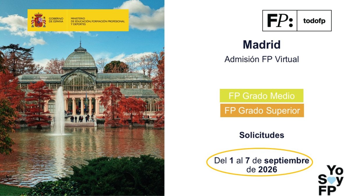 todofp's tweet photo. 📣 #FPMADRID Admisión FP semipresencial y virtual: Grado Medio y Superior. #TodoFP #YosoyFP
🔴 Del 1 al 7 de septiembre de 2026
🔍 https://t.co/R0Oq0cToWM https://t.co/nGvLkTBys2
