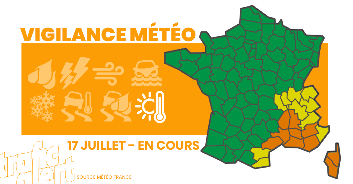 trafic_msgu's tweet photo. 🌡️  CANICULE | La vigilance orange se concentre désormais sur le quart sud-est ce vendredi 17 juillet avec une partie du bord de la Méditerranée et la vallée du Rhône, attention aux effets sur vos trajets sur la région, notamment A7. #vigilanceorange #ca… https://t.co/MO8MR7eZsr https://t.co/e7ihLwhUHF