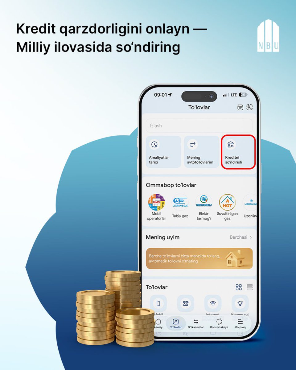 nbu_official's tweet photo. Kredit qarzdorligini onlayn — Milliy ilovasida so‘ndiring
—
Погашайте кредитную задолженность онлайн — в приложении Milliy

Подробнее: https://t.co/rWieVVizcz https://t.co/HAwV5CDcQu