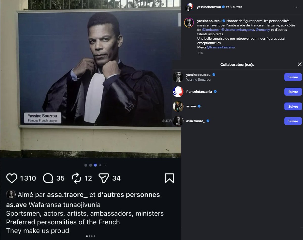 BVoltaire's tweet photo. [INFO BV] L'ambassade de France en Tanzanie a mis en avant Yassine Bouzrou, avocat d'Assa Traoré, comme l'une des personnalités "qui nous rendent fiers".

Le post Instagram de Yassine Bouzrou partageant cette mise en avant a été fait en collaboration avec le compte officiel de l'ambassade, le compte officiel de l'ambassadrice et... le compte d'Assa Traoré elle-même.