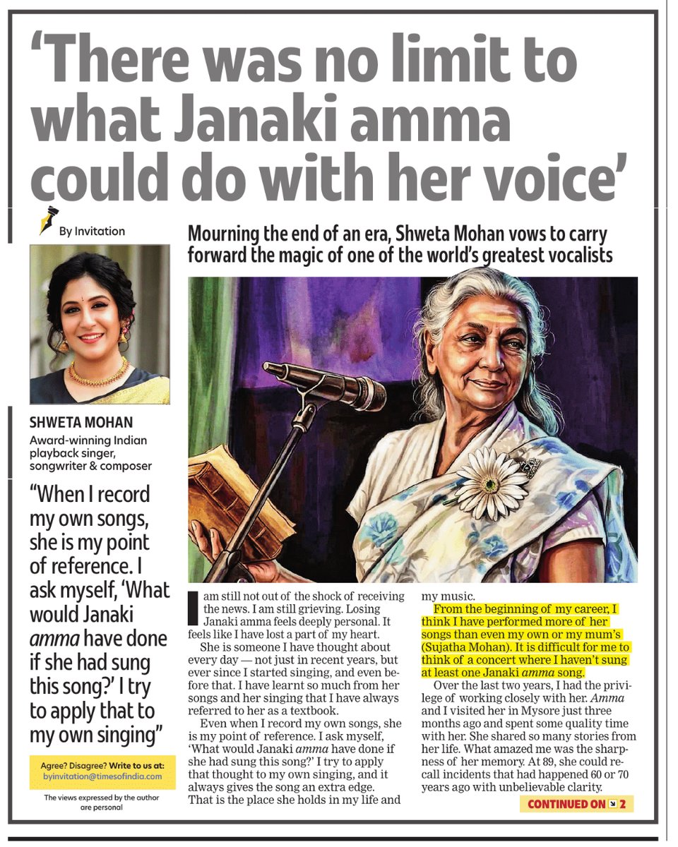 ChennaiTimesTOI's tweet photo. Mourning the end of an era, #ShwetaMohan vows to carry forward the magic of one of the world’s greatest vocalists. "Losing #Janaki amma feels deeply personal. It feels like I have lost a part of my heart," she says. https://t.co/HqumhGPuDn