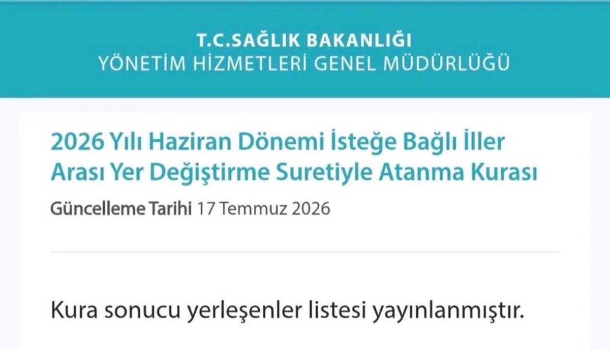 ahmetbckn's tweet photo. 2026 Yılı Haziran Dönemi İsteğe Bağlı İller Arası Yer Değiştirme Suretiyle Atanma Kurası Sonuçları Açıklanmıştır

https://t.co/UsKL4pMKFm