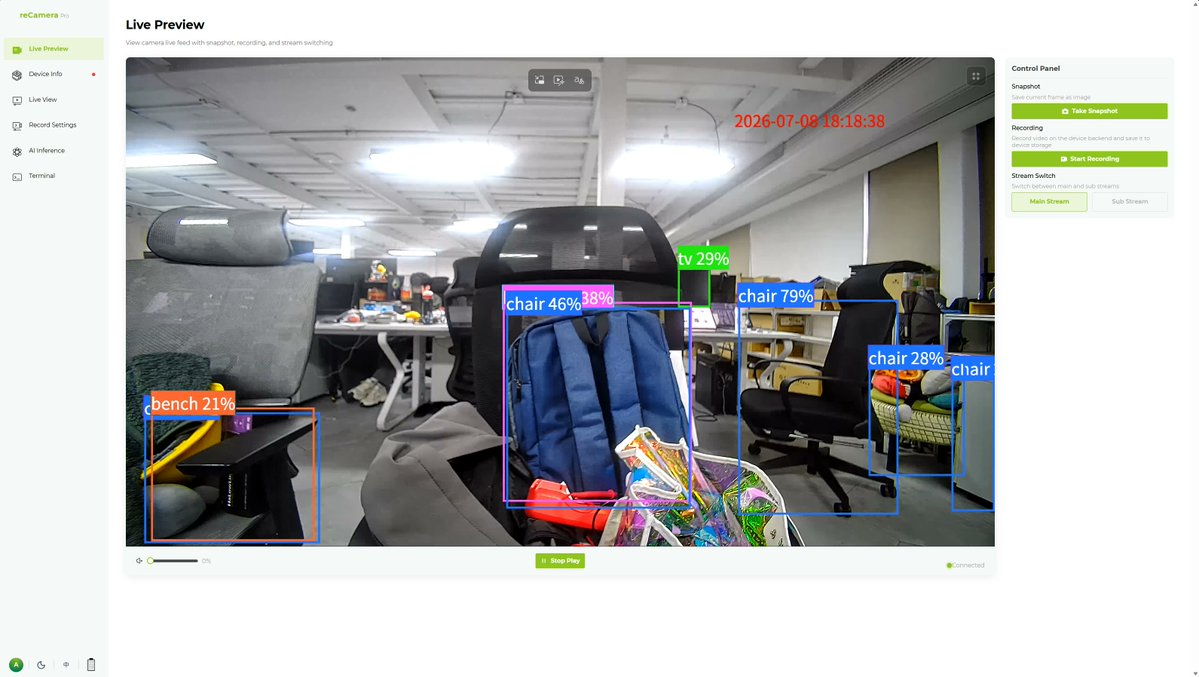cnxsoft's tweet photo. Compact Rockchip RV1126B AI camera with support for AI vision, generative AI, and smart audio workloads.
https://t.co/IUslbdHJV5

@SeeedStudio reCamera Pro ships with 2GB or 4GB RAM, 16GB eMMC flash, and features an 8MP camera sensor supporting up to 4K @ 30 FPS, an M12 lens mount, a built-in 1W speaker, two microphones, Gigabit Ethernet with PoE, dual-band WiFi 5 connectivity, a USB-C port for power and data, and offers expansion capabilities through GPIO and MIPI DSI connectors.

It leverages the processor's 3 TOPS NPU for on-device computer vision, large language models (LLMs), vision-language models (VLMs), speech-to-text (STT), and text-to-speech (TTS). The company provides a web UI and an HTTP API for control.