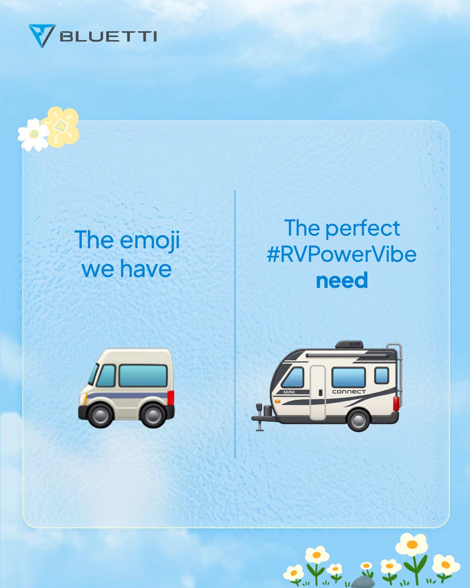 bluetti_inc's tweet photo. 😎⚡ Happy World Emoji Day! 🚐🌲  

Every RV adventure has a vibe... but which emoji captures yours best? 👀  

Are you... 
☕ Morning coffee by the lake? 
🔥 Campfire storyteller? 
🏔️ Mountain explorer? 
🌅 Sunset chaser? 
🎣 Weekend angler? 
🚐 Full-time vanlifer?  

👇 Comment the emoji that best represents your #RVPowerVibe!  

🎁 We'll pick 2 lucky winners to receive exclusive BLUETTI lifestyle gifts!   

How to enter: 
✅ Follow @bluetti_inc 
✅ Like this post 
✅ Comment your favorite emoji + #RVPowerVibe  

📅 Winners will be announced soon.   

Let's see your RV personality... one emoji at a time! 🚐⚡   

#WorldEmojiDay #BLUETTI #RVLife #VanLife #CampingSeason #PowerMySummer #StayPowered #RVPowerVibe