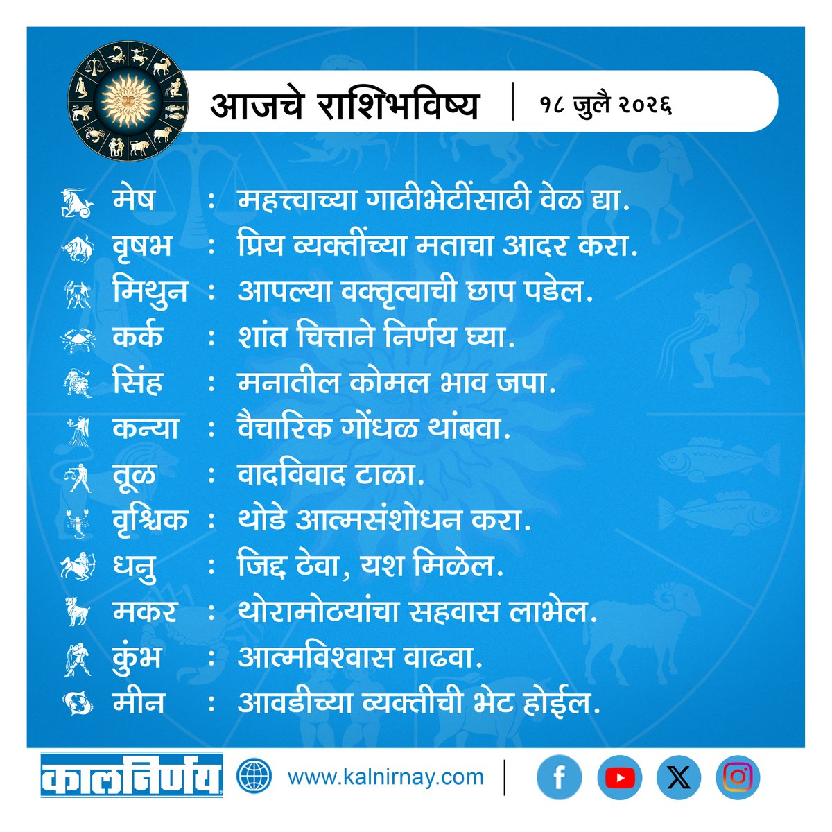 Kalnirnay's tweet photo. आजचा दिवस कसा जाईल?
राशीप्रमाणे जाणून घ्या आजचे भविष्य
.
.
#DailyHoroscope #KalnirnayMarathi #kalnirnay #कालनिर्णय #kalnirnay2026 #कालनिर्णय२०२६ #horoscope #dailyHoroscope #aajKaRashifal #dates #marathihoroscope https://t.co/ONMNwwOcMZ