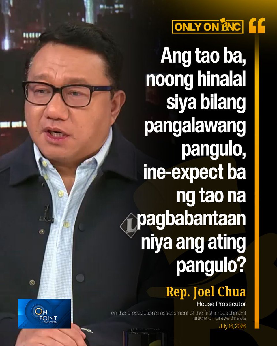 bncdotph's tweet photo. HOUSE PROSECUTOR SAYS ALLEGED THREAT CONSTITUTES BETRAYAL OF PUBLIC TRUST

Speaking on #OnPoint, House Prosecutor Rep. Joel Chua said that the allegations under the first article of impeachment involving grave threats amount to a betrayal of public trust. He said the public does not expect an elected vice president to threaten the country's president, who serves as the head of state.

Chua added that any alleged threat against the president is not only directed at an individual but also raises concerns about national security. He emphasized that these circumstances strengthen the prosecution's position under the impeachment charge of betrayal of public trust.