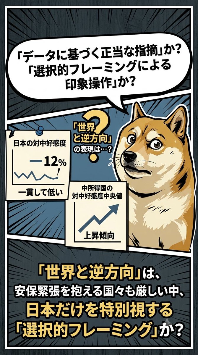 Y32_J32's tweet photo. @Newsweek_JAPAN 『世界と逆方向』

は印象操作か？

Pew調査で日本の対中好感度が

12%と最低なのは事実。

だが『逆方向に進む』との表現

は、一貫して低い日本と、

中所得国などで上がった中央値

を対比しただけ。

安保で緊張を抱える国々も

厳しい中、日本だけを特別視
する切り口だ。 https://t.co/e8Hy8PHE63