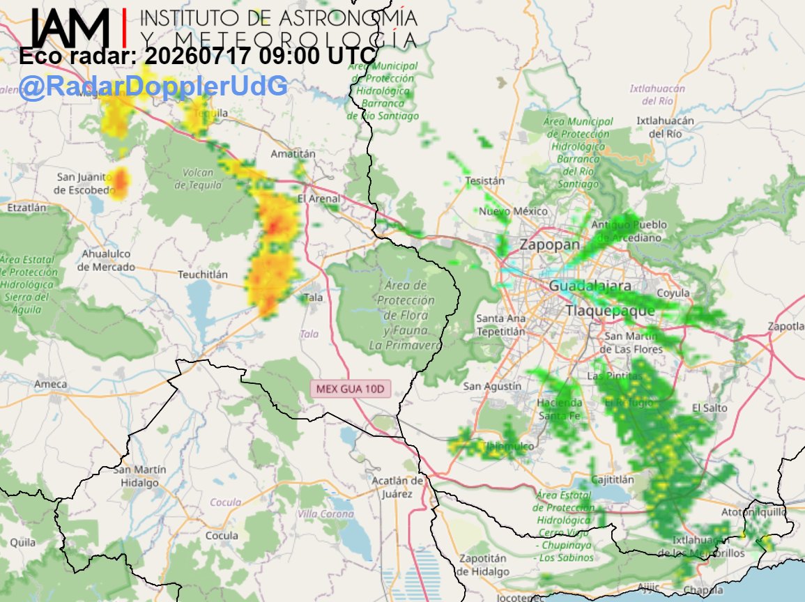 RadarDopplerUdG's tweet photo. Persisten ecos de #lluvia moderada a puntualmente fuerte en Región Valles(#SanJuanitoEscobedo, #VolcánTequila,#Magdalena) y  #lluvia ligera en amplia zona de la Región Centro (#ElRefugio, #LasPintitas, #Tlaquepaque;#Tonalá y #Guadalajara) https://t.co/LfSG0a83pU