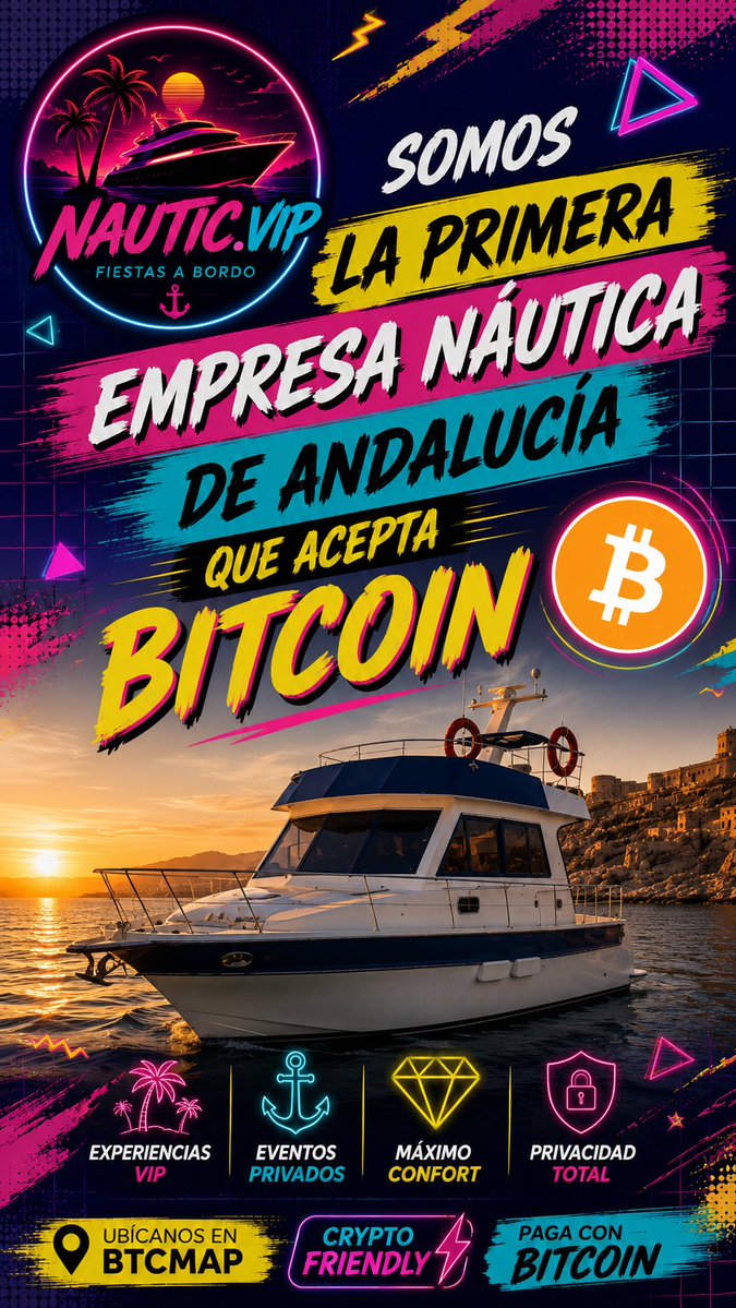 NauticVIP's tweet photo. 🚀 Hacemos historia en el sector náutico.

⚓ Somos la primera empresa náutica de Andalucía que acepta #Bitcoin y #criptomonedas como forma de pago.

El futuro ya está aquí.

🌊 Reserva tu experiencia VIP.
₿ Bitcoin accepted.
#BTC #Andalucía #Almería #NauticVIP #BTCMap #Crypto https://t.co/2FhFjXiwQM