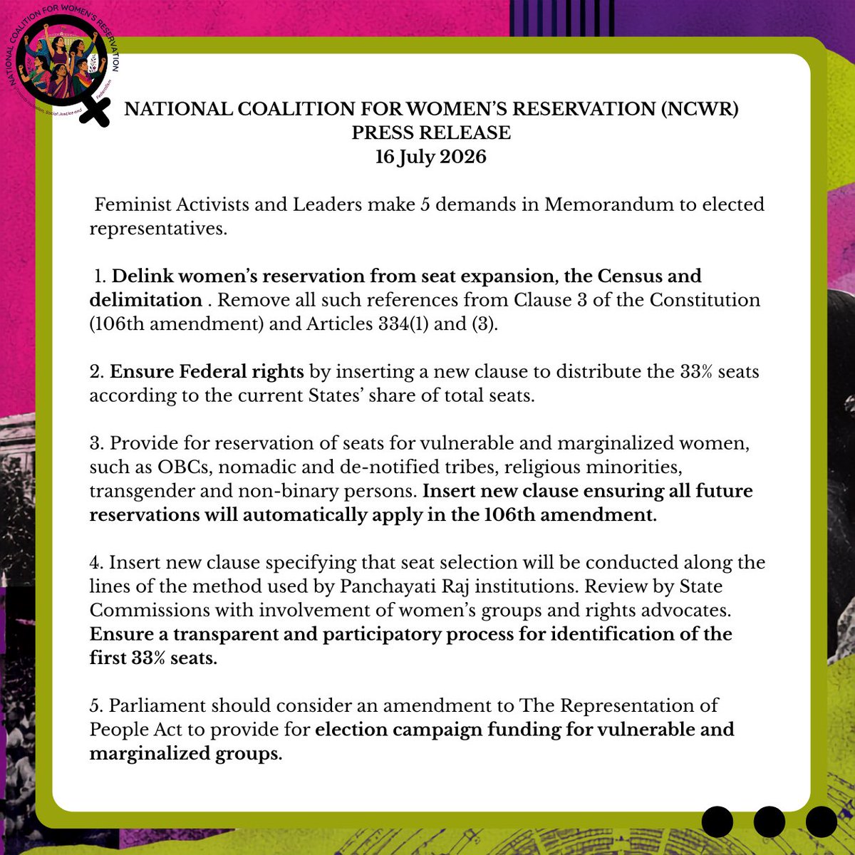 NCWRindia's tweet photo. Five demands. One collective voice. Yesterday’s press conference called for immediate and intersectional implementation of Women’s Reservation. ✊🏽✨
#WomensReservation #Intersectionality #NCWR #MonsoonSession https://t.co/MDZRoj4X9T
