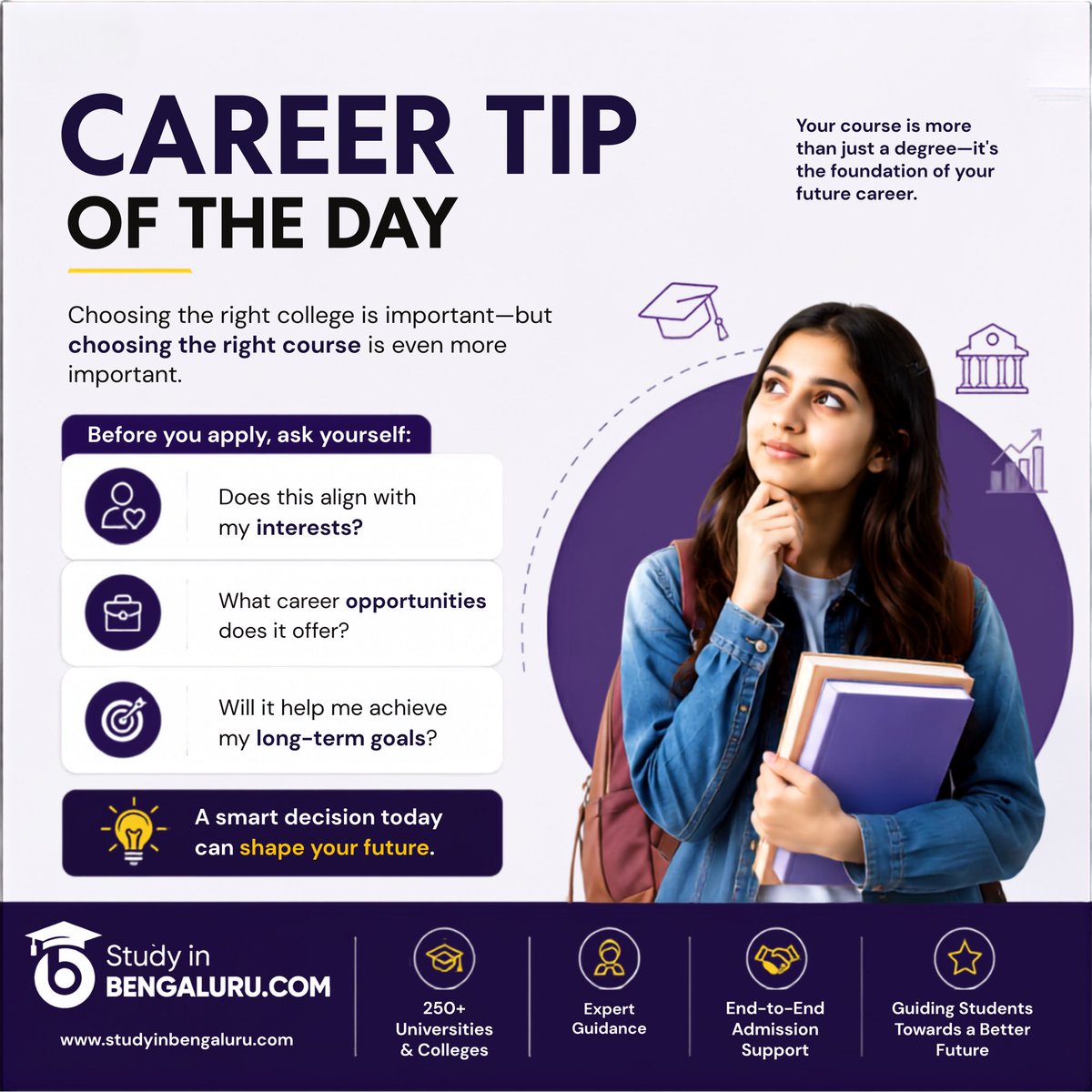 Studyinbengalur's tweet photo. Your future starts with the right course, not just the right college. 🎓
Choose a path that matches your interests, career goals, and long-term aspirations. Every smart decision today shapes tomorrow’s success. 🚀

#CareerTips #StudyInBengaluru #HigherEducation #CareerGuidance https://t.co/eenarQMLgz