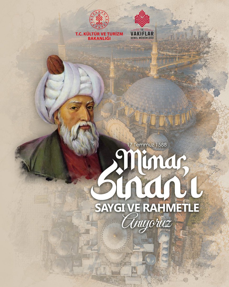 VakiflarGM's tweet photo. Bir medeniyet hafızası inşa eden Mimar Sinan’ı, vefatının yıl dönümünde saygı ve rahmetle yâd ediyoruz.

#MimarSinan https://t.co/JFl1TPFdi5