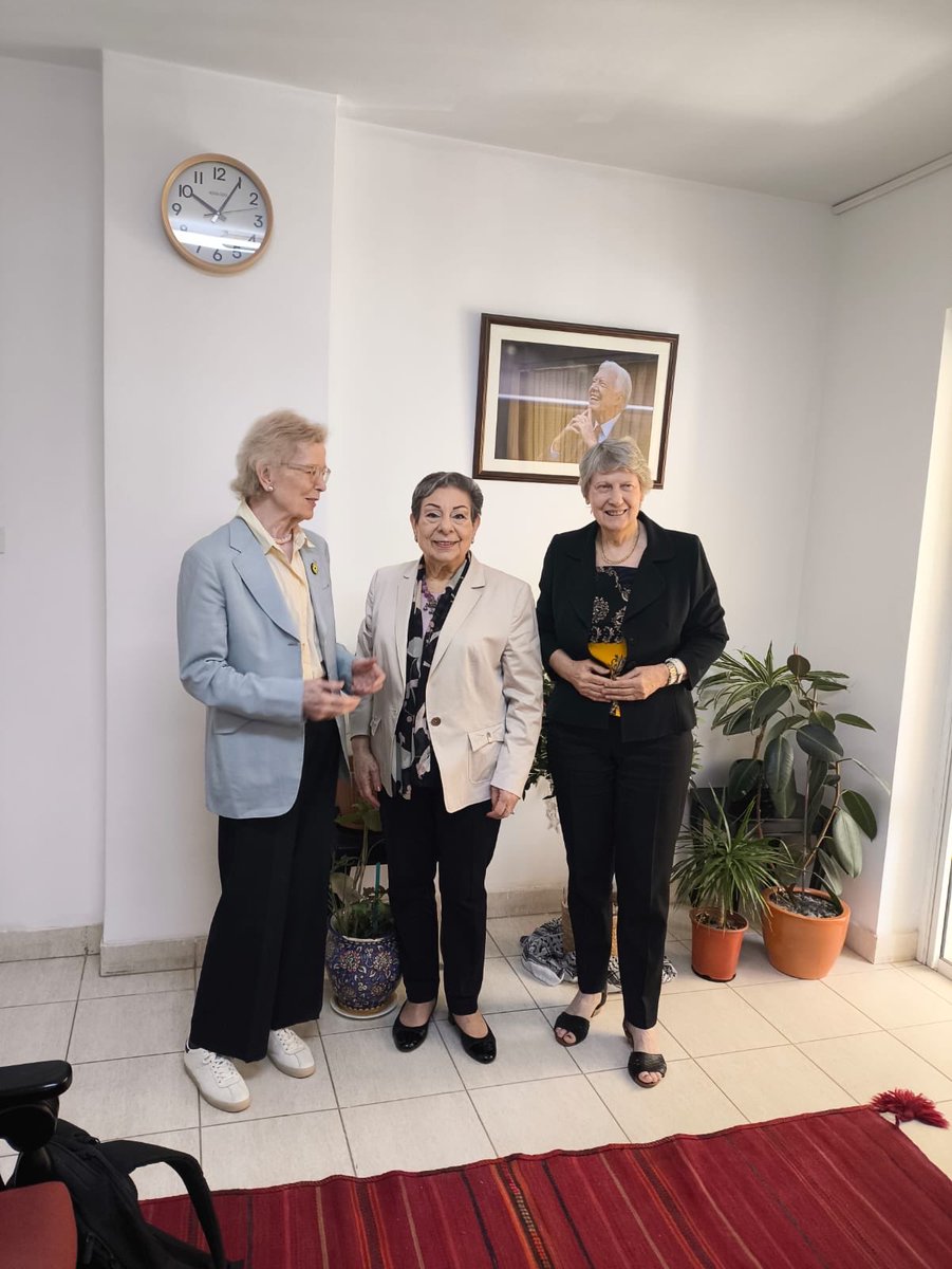 DrHananAshrawi's tweet photo. With longtime friends from the esteemed @TheElders: Mary Robinson & Helen Clark, in person, & Graça Machel & Hina Jilani online. They know the truth firsthand, but political leaders need to listen & to act. Ending Israel’s impunity & exercising active accountability are the keys to justice & peace. Israel must cease its rampant genocide & ethnic cleansing of Palestine immediately.