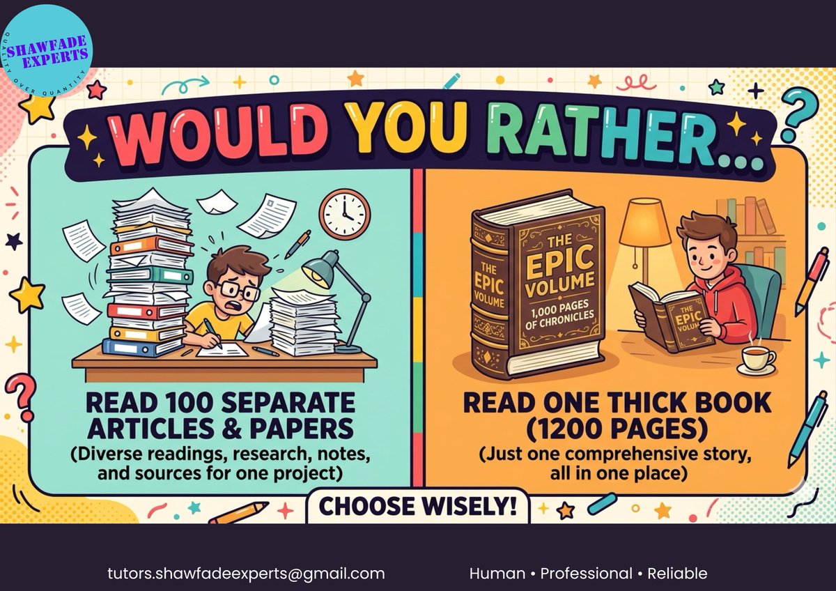 ShawfadeExperts's tweet photo. Would you rather: 📷 📷 Write 10 short assignments 📷 Write 1 massive research paper Drop your answer below 📷 — and tell us which one you're actually dealing with right now! #WouldYouRather #StudentLife #ShawfadeExperts #CollegeLife #reseach #university #universityhelp https://t.co/eGmSILDTL2