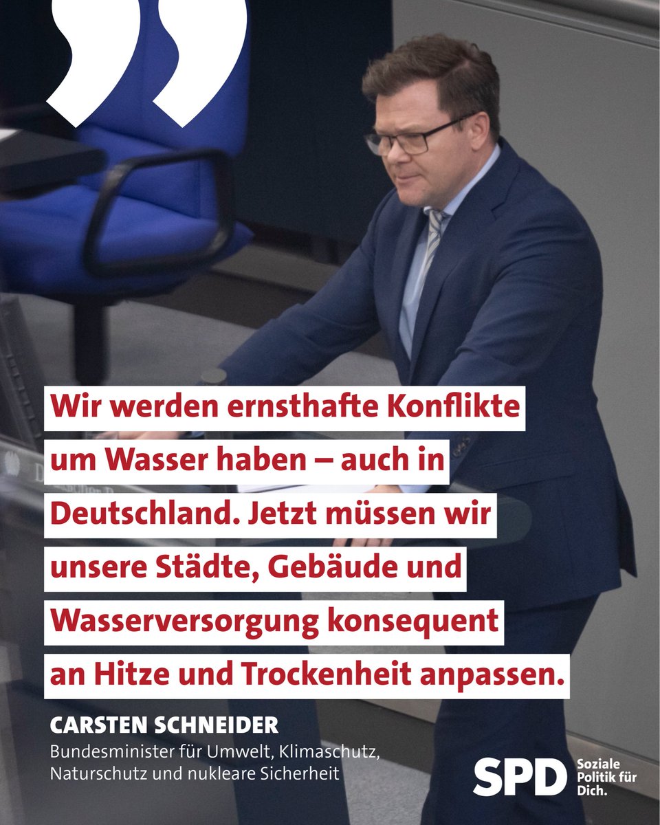 seeheimer's tweet photo. Hitze, Dürre und Wasserknappheit sind längst keine abstrakten Zukunftsszenarien mehr. Der Klimawandel verändert schon heute unseren Alltag – in unseren Städten, in der Landwirtschaft, in Krankenhäusern und in der Wirtschaft.

Im Interview mit dem SPIEGEL macht Bundesumweltminister Carsten Schneider deutlich: Deutschland muss sich besser auf extreme Hitze und zunehmende Trockenheit vorbereiten. Dafür brauchen wir mehr Bäume und Grünflächen, moderne und hitzefeste Gebäude, einen verantwortungsvollen Umgang mit Wasser und eine engere Zusammenarbeit von Bund, Ländern und Kommunen.

Klimaanpassung ist keine Nebensache. Sie entscheidet darüber, ob unsere Städte auch in Zukunft lebenswert bleiben, Unternehmen weiter produzieren können und besonders gefährdete Menschen geschützt werden.

Gleichzeitig bleibt klar: Anpassung allein reicht nicht. Wir müssen den Klimaschutz konsequent vorantreiben und unser Ziel erreichen, den CO₂-Ausstoß bis 2030 um 65 Prozent gegenüber 1990 zu senken.

📖 Das vollständige Interview im aktuellen SPIEGEL.

#Klimaschutz #Klimaanpassung #Wasser #Hitze #CarstenSchneider