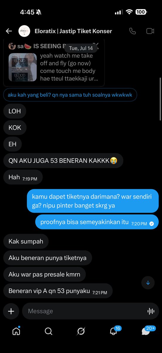 dionyjoonz's tweet photo. hello harap berhati2 yang transaksi sama akun ini, (lagi2) ada yang jual tiket dgn section dan qn yang mirip sama tiketku, awalnya aku dm dia dan dia ngerasa sok bingung seolah2 qn dobel (gambar 1), tp stlh aku minta proof payment, sus bgt dia payment di 16.11 yang mana jam segitu vip aja qn nya udh ribuan (gambar 2). dan aku email lgsg ke loket jg jawabannya spti ini, tiket dia tidak terdaftar (gambar 3&4), jd bisa dipastikan dia scammer yah