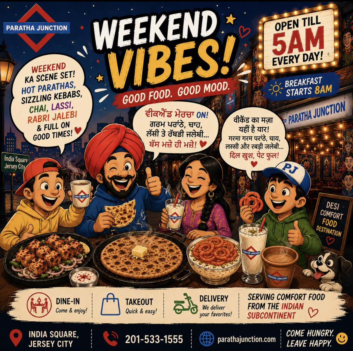 Paratha_Junctn's tweet photo. Weekend plans? Sorted! 😋

Hot Parathas 🫓 • Chai ☕ • Chilled Lassi 🥛 • Rabri Jalebi 🍯

Open till 5AM every day!
Comfort food from the Indian Subcontinent, right here in Jersey City’s India Square. ❤️

Come hungry. Leave happy.

⸻

@parathajunction https://t.co/KGZxoZ3WM5