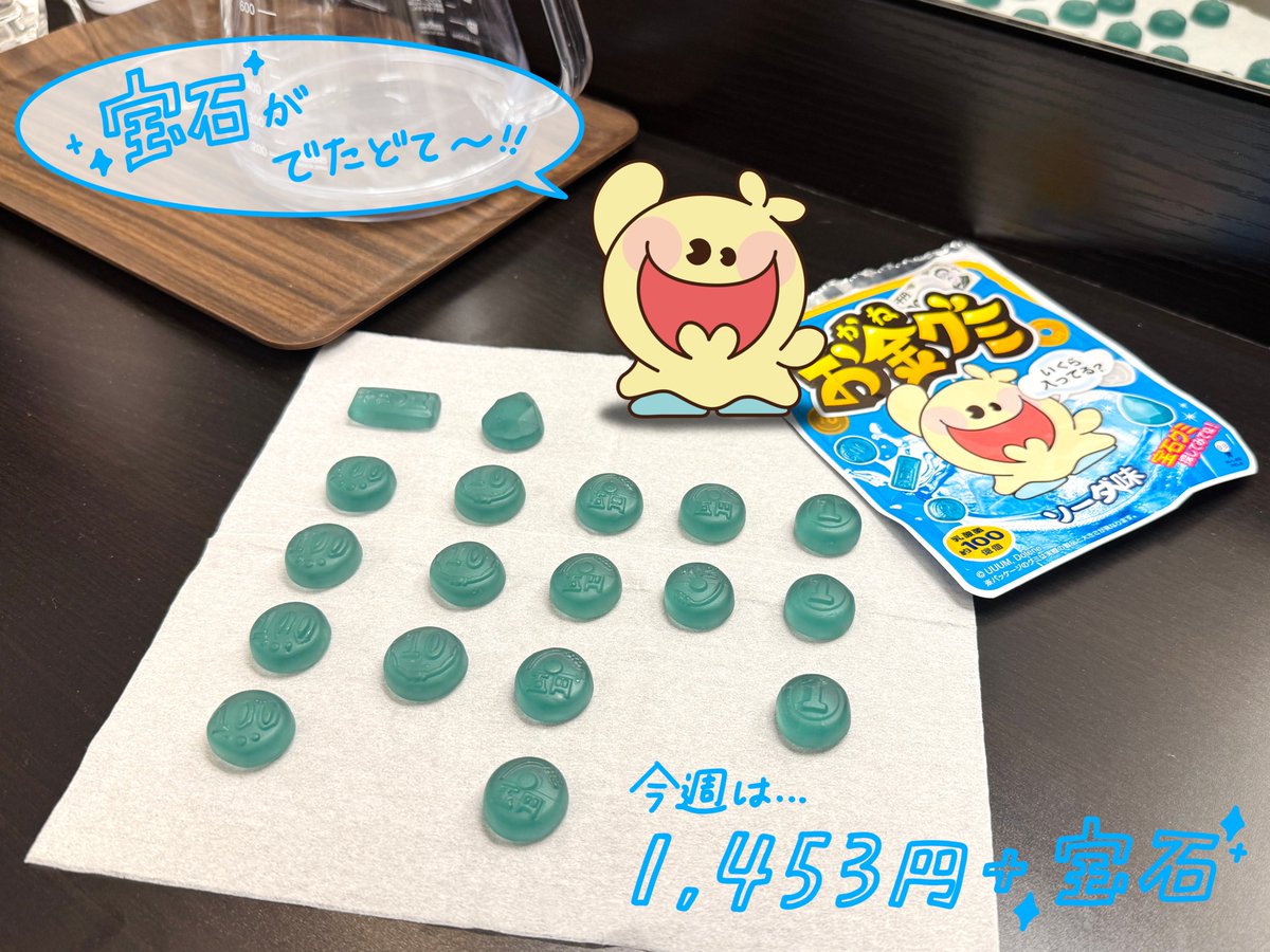 dotene_official's tweet photo. 毎週金曜日は #お金グミの日 どて!!
1,453円どて、、、前回よりも安値を更新をした、、どて😭
でも!!宝石が出た!初めて!!嬉しい♪⭐️
みんなも教えてね。
素敵な金曜日になったどて!!
#UHA味覚糖 #グミ #フィッシャーズ #お金グミ https://t.co/cgK9jo5DDZ