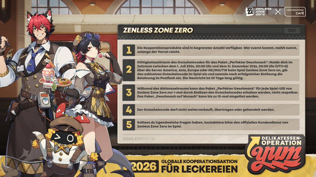 ZZZ_DEU's tweet photo. 🎁Die Delikatessen-Operation 2026 beginnt offiziell!

Proxys, seid ihr bereit für eine Geschmacksexplosion? Begebt euch zusammen mit Ellen, Manato und Crispyboo auf diese weltweite kulinarische Reise!
Weitere Informationen zur Kollaboration werden bald veröffentlicht. Bleibt gespannt! Wer an der Interaktionsaktion teilnimmt, hat die Chance, Fan-Artikel zu erhalten!

Teilnahmebedingungen:
Folge dem offiziellen Konto und teile die Delikatessen, die du am liebsten probieren möchtest, mit dem Hashtag #DelikatessenOperation2026 auf eine der folgenden Weisen:
1. Kommentiere diesen Beitrag.
2. Zitiere oder teile diesen Beitrag.

Aktionsbelohnung:
Gerahmtes Acrylkarten-Set der Reihe „Sinnbilder“ mit Displayrahmen (zufällige Figuren) ×50

Aktionszeitraum für Interaktionen in den sozialen Medien:
17. Juli bis 23. Juli

Aktionsregeln:
https://t.co/5E0jLHqqtF

#ZZZ2ndANNI
#DelikatessenOperation2026