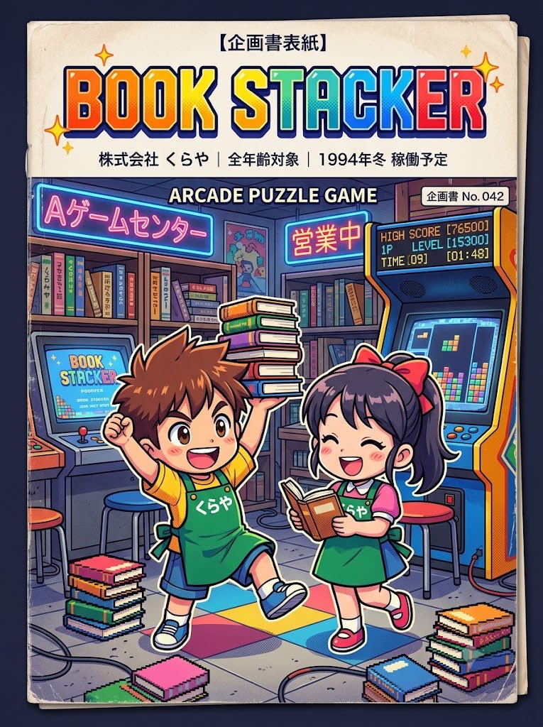 ks0lti's tweet photo. 【架空企画書公開】
BOOK STACKER
90年代アーケード
向けパズルゲーム

本を動かして背表紙を
そろえ、棚を整理して
消して、売上アップ！

「本棚整理」をゲームにしたらどうなる？

当時のゲーム会社の企画
にありそうな一作。

#架空ゲーム
#ゲーム
#ビデオゲーム
#パズル
#本屋
#書店
#書店員 https://t.co/bAlbLi09hw