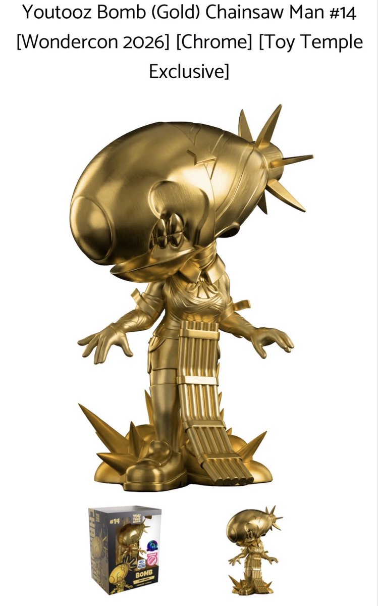 NathanEngland's tweet photo. #ChainsawMan Reze Bomb @ToyTempleAz #WonderCon Exclusive Gold Chrome #YouTooz is up! Found it while ordering the new #BreakingBad Gus with Toy Temple **exclusive #sticker** #Funko (also available as a 2-set with Walt!)
https://t.co/BXM3t8C0Cd
#RezeArc @youtooz #Anime @OriginalFunko #toytemple