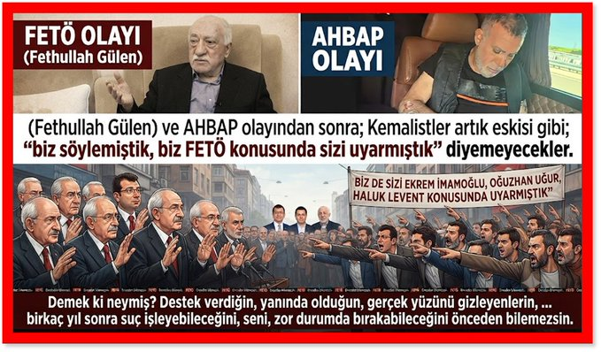 Galipilhaner's tweet photo. FETÖ ile AHBAP
Fetullah Gülen ile Halık Levent
Haluk Levent (Fethullah Gülen) ve AHBAP (FETÖ) olayından sonra; Kemalistler artık eskisi gibi; biz söylemiştik, biz Fetö konusunda sizi uyarmıştık diyemeyecekler.

Biz de sizi Ekrem İmamoğlu Oğuzhan Uğur, Haluk Levent konusunda uyarmıştık ithamlarına maruz kalacaklar.

Demek ki neymiş?
Destek verdiğin, yanında olduğun, gerçek yüzünü gizleyenlerin, ... birkaç yıl sonra suç işleyebileceğini, seni, zor durumda bırakabileceğini önceden bilemezsin.