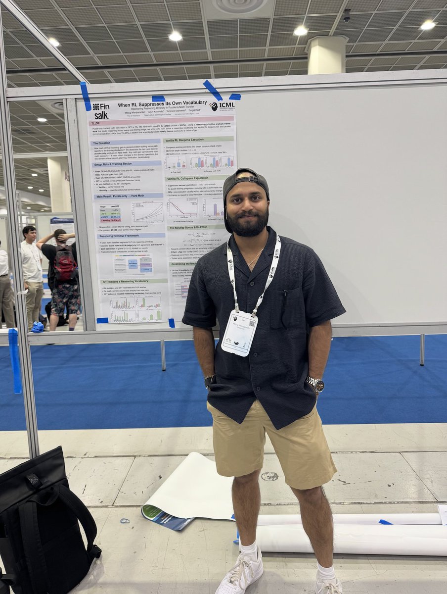mayugmm's tweet photo. A week at ICML Seoul where the best part was not just the papers, but the poster conversations around them.
A few interactions in particular stayed with me, partly because the papers were interesting, and partly because each opened up directions where there may be room for future collaboration.
🔹 Neural Thickets. It was surreal to meet Phillip Isola at the poster session for this paper. I found their view of post-training especially interesting: in large pretrained models, diverse task-improving specialists may already populate a neighborhood around the pretrained weights. This feels like another angle on the “does RL only sharpen?” debate. If post-training often searches within a local thicket of nearby solutions, perhaps we need better techniques that help models escape these thickets and discover genuinely diverse reasoning strategies.
🔹 The Aristotelian hypothesis for representations. I had a very interesting conversation with the authors. Their paper suggests that the evidence for the Platonic hypothesis becomes much weaker once global similarity metrics like CKA are properly calibrated. We also discussed whether part of the issue may be a readout problem, i.e. how global embeddings are constructed from different models. This felt personally special, because my PhD thesis was built around the Platonic hypothesis, so it was exciting to talk to authors pushing a serious counter-narrative.
🔹 Self-distillation and self-evolving reasoning. I enjoyed discussing "Making Expert Reasoning Learnable with Self-Distillation" with Ethan Mendes. The idea that expert solutions may need to be transformed into a form that is actually learnable by the model felt very compelling. I also found "On the Generalization Gap in Self-Evolving Language Model Reasoning" interesting: they test whether a model can generate and verify data to train itself, and find that self-evolution helps but still falls short of oracle training. I would be curious to see whether the gap changes under training paradigms other than DPO.
Another paper I found exciting was Sim2Reason, which uses physics simulators as scalable generators of verified training questions, then trains LLMs with RL and transfers to real physics olympiad problems. This is close in spirit to our own puzzle-to-math transfer setup, except they use a real physics simulator to generate the training signal rather than synthetic puzzle environments.

On a personal note, I was very happy to present our poster, “When RL Suppresses Its Own Vocabulary: Recovering Reasoning Diversity in Puzzle-to-Math Transfer,” at the AI4Math workshop. Thanks to everyone who stopped by and pushed on the ideas.
And it was a real pleasure to be at ICML with Wenlong Wang who presented his work on whether verbosity in chain-of-thought actually helps at the EMM-QA workshop. Grateful to share the trip, the poster sessions, and many research rabbit holes together.

Research @fin_ai 

#ICML26 #AI4MATH