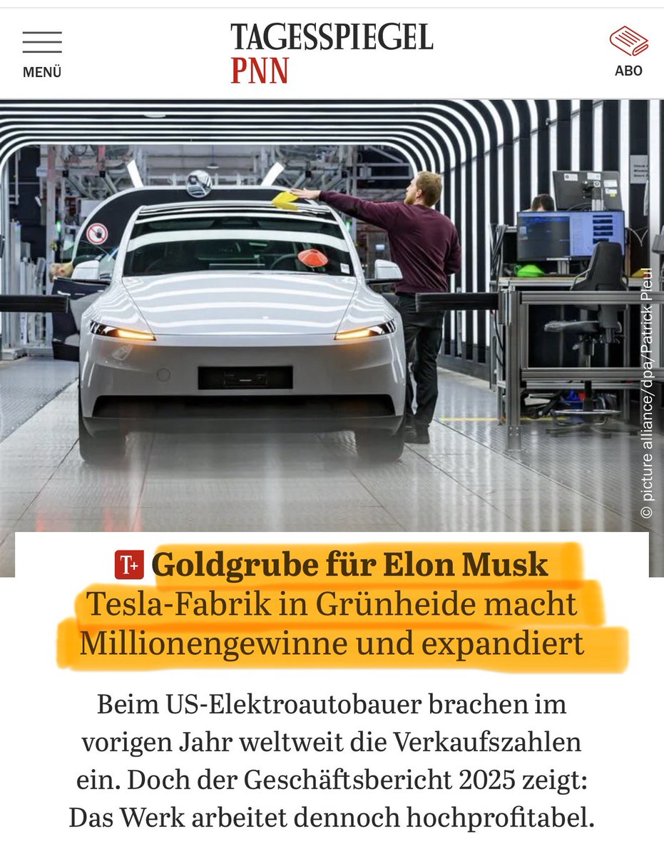 EFIEBER_ANDRE's tweet photo. „Goldgrube für Elon Musk“ klingt natürlich erst einmal für den Ausstehenden hart kapitalistisch.

Aber Giga Berlin ist längst viel mehr als das.

Tesla ist der größte Gewerbesteuerzahler in Grünheide und einer der wichtigsten Wirtschafts- und Arbeitgeberfaktoren in ganz Brandenburg.

Diese Einnahmen finanzieren Kitas, Schulen und Infrastruktur. Hinzu kommen mehr als 11.000 Arbeitsplätze, Kaufkraft, Aufträge für Unternehmen aus der Region und Aktienpakete für viele Beschäftigte.

Nicht nur Elon Musk profitiert von Giga Berlin. Eine ganze Region profitiert davon.

Wir können stolz sein, dieses Werk in Brandenburg zu haben. 🇩🇪