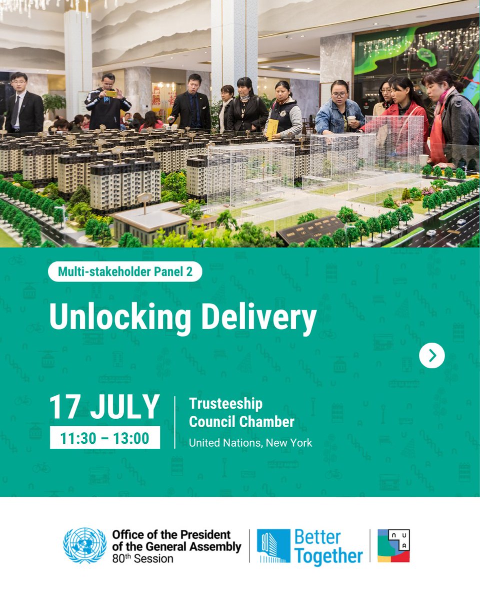 UNHABITAT's tweet photo. @UnitedNations GA High-Level Meeting on the Midterm Review of the New Urban Agenda continues with 4 multi-stakeholder panels on actions to deliver sustainable urbanization by 2036. Follow Live:

📷 Panels 1 &amp; 2 https://t.co/EHjOAIAcAP
📷 Panels 3 &amp; 4 https://t.co/LEgvJhwlA2 https://t.co/IlTL1cPyph